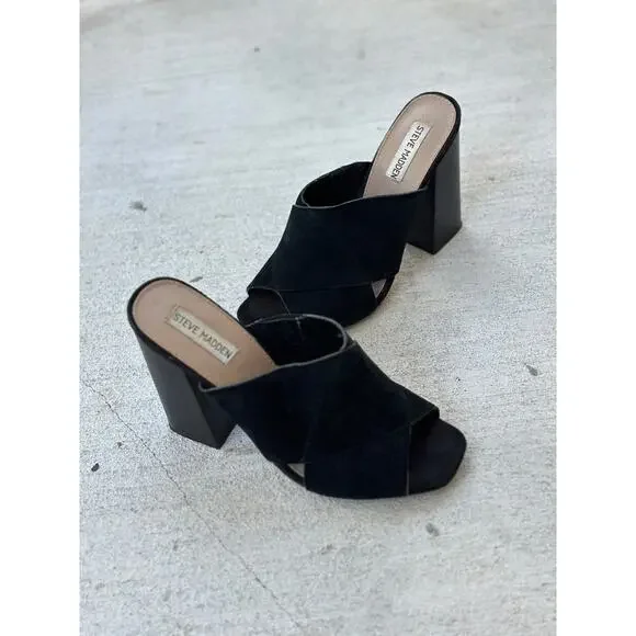 Steve Madden Women’s 9M Kristal Black Leather Suede Slip On Sandals Chunky Heels - Picture 4 of 8